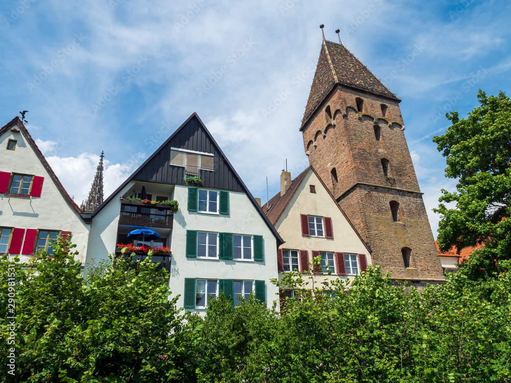 Ulm, Germany - Jul, 20th 2019:The butcher's tower (Metzgerturm) in Ulm is still a preserved city ​​gate of the medieval town fortification on the Danube