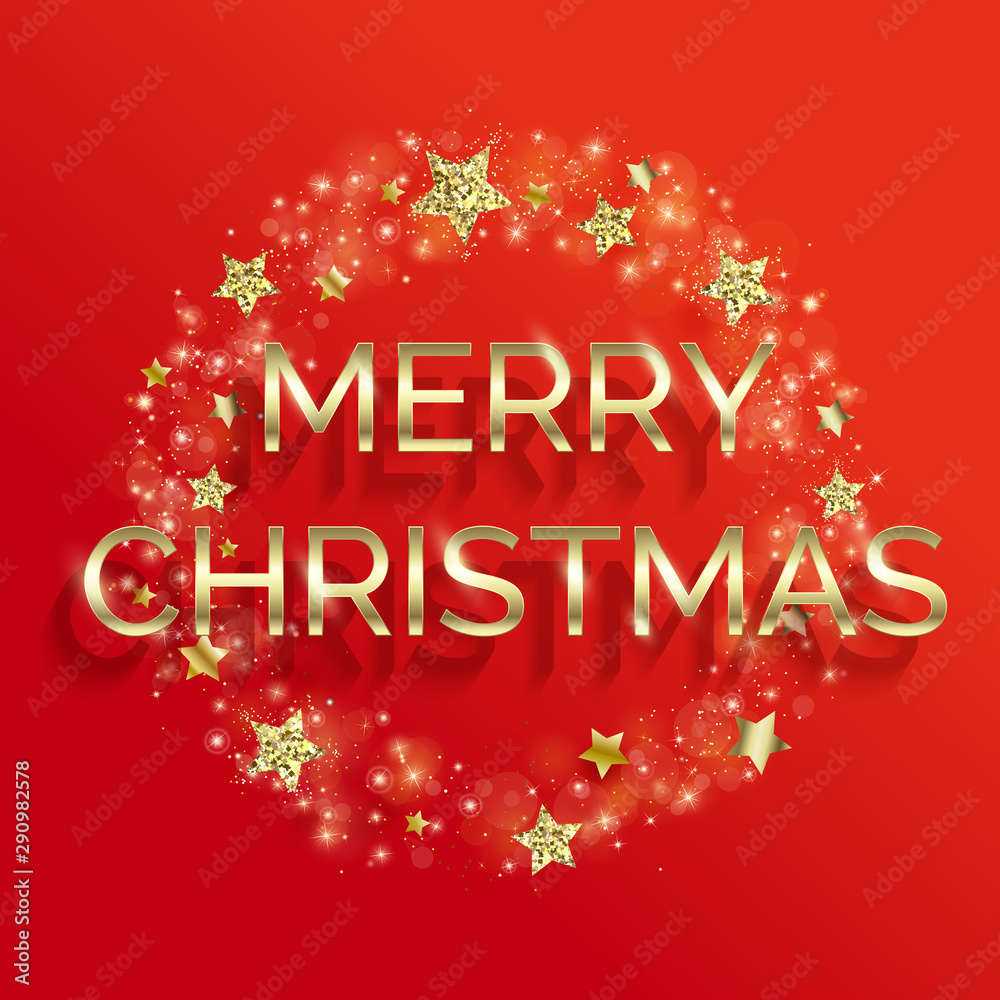Golden text on red background. Merry Christmas