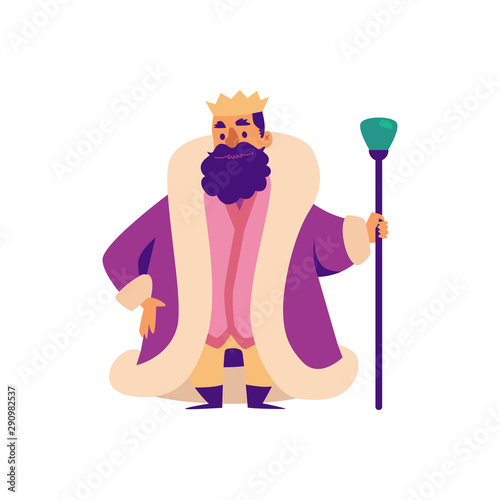Middle Ages king fairy tale character in crown flat vector illustration isolated.