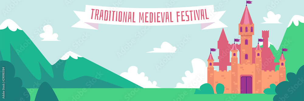 Traditional medieval festival - flat cartoon banner with fantasy castle Traditional medieval festival - flat cartoon banner with fantasy castle