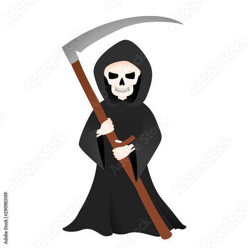 Grim reaper with scythe isolated on white. Halloween skeleton death costume vector