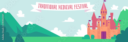 Traditional medieval festival - flat cartoon banner with fantasy castle © sabelskaya