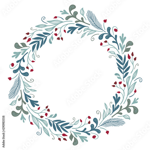 Winter flora round frame. Vector card template. Christmas design.