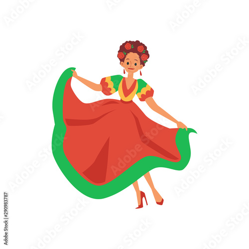 Mexican dancer woman in red and green dress with flowers in her hair