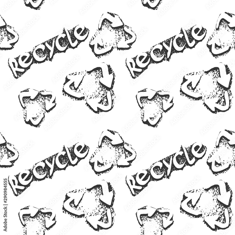 Hand drawn pattern seamless international recycling symbol on white background. Recycle sign for ecological design zero waste lifestyle.