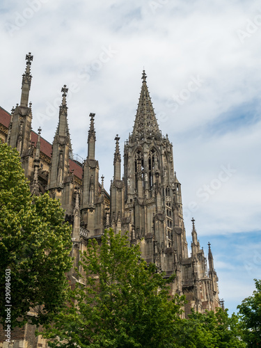Ulm, Germany - Jul, 20th 2019: Ulm Minster is a Lutheran church located in Ulm, State of Baden-Wuerttemberg, with a steeple measuring 161.5 meters