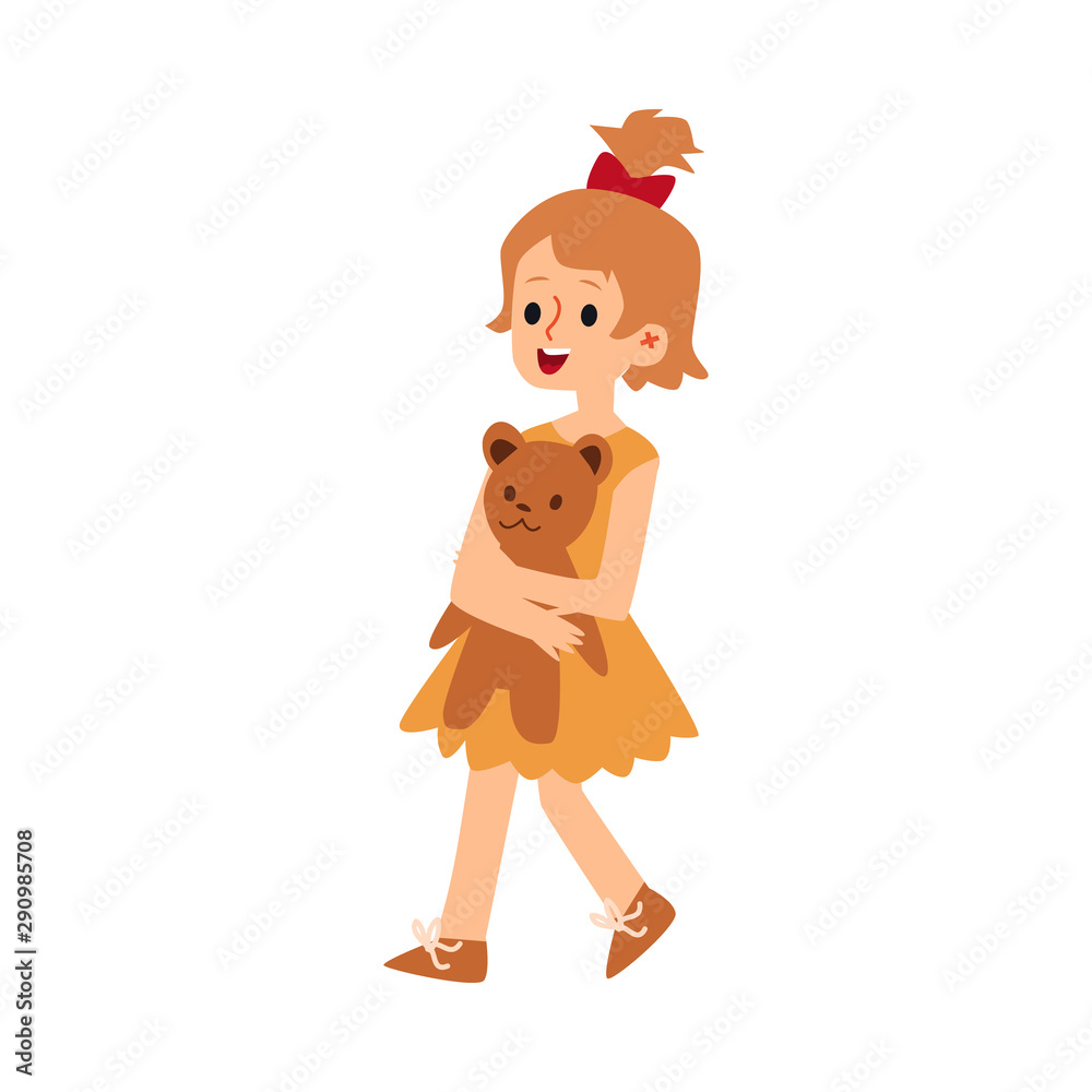 Obraz premium Cute cartoon child holding a teddy bear - flat isolated vector illustration