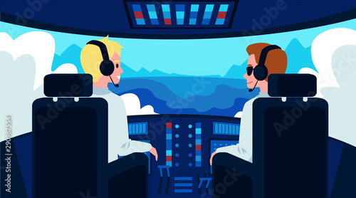 Pilot and copilot inside airplane cockpit flat cartoon vector illustration.
