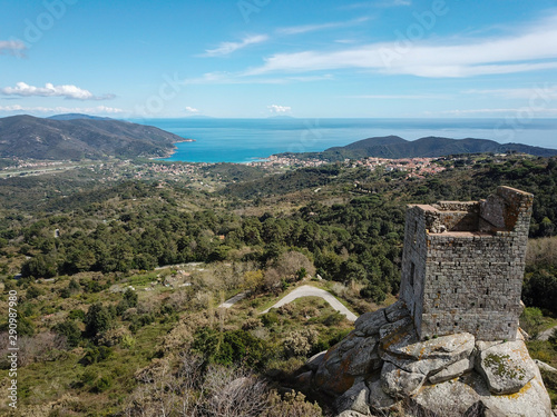 Torre San Giovanni e Marina di Campo, veduta aerea con drone. Isola d'Elba, Toscana, Italia photo