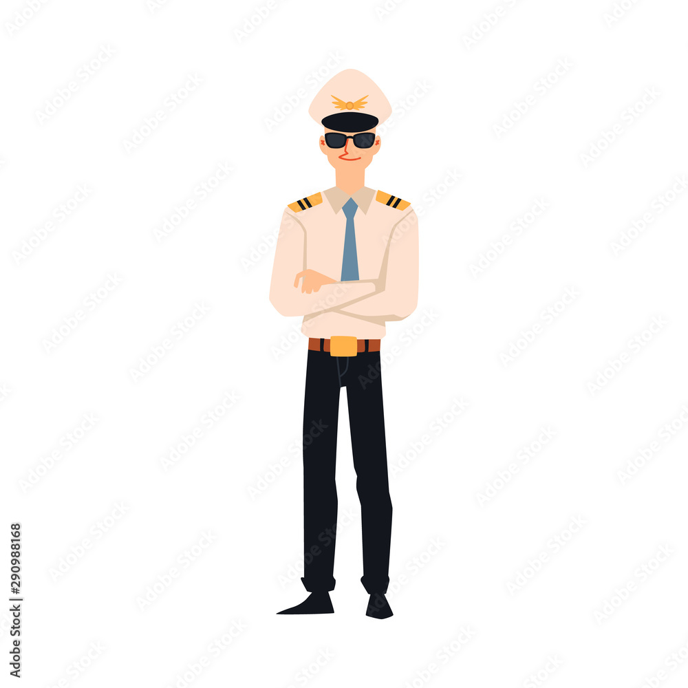 Pilot or aviator in aircraft company uniform flat vector illustration isolated. Pilot or aviator in aircraft company uniform flat vector illustration isolated.