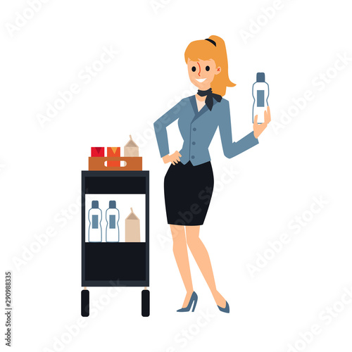 Female flight attendant serving drinks from food trolley - cartoon stewardess