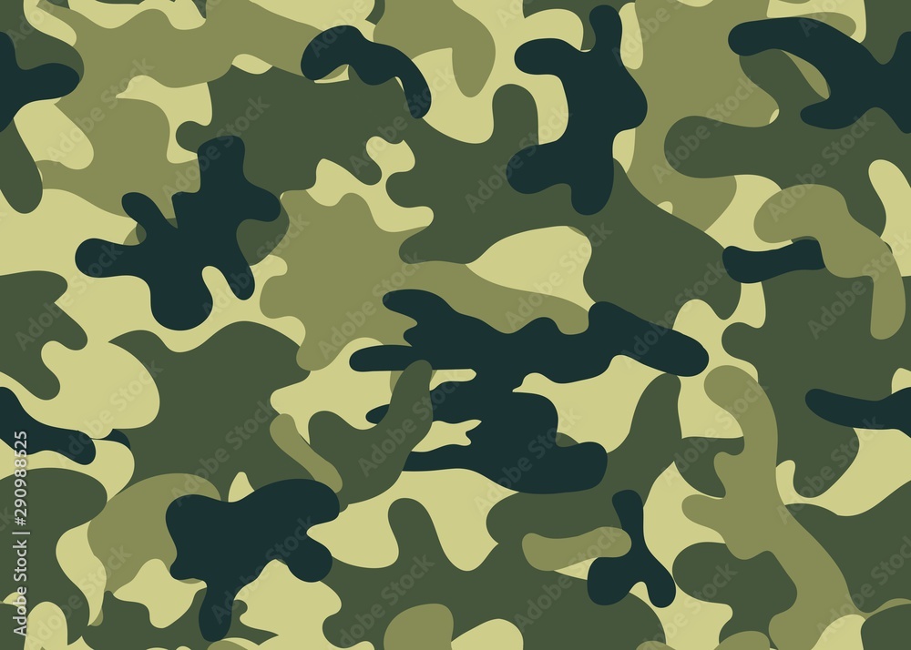 Naklejka premium Camouflage military warfare seamless pattern vector illustration. Endless texture of modern style of light and dark spots on a green background. Clothing uniform design. Print paper fabric concept