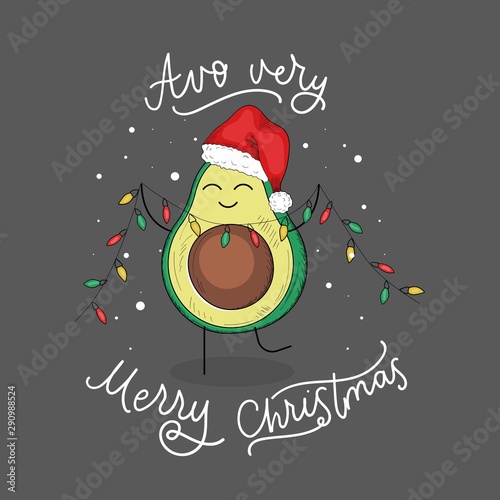 Avo very merry christmas festive greeting card vector illustration. Template with cute small avocado character holding colorful garland flat style design. Xmas holidays concept. Isolated on dark