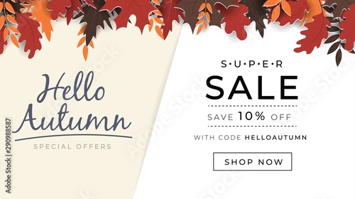 Hello autumn joyful and optimistic promo banner vector illustration. Template with colorful foliage and special offer for customers. Save ten percents off with code. Super sale advertising concept