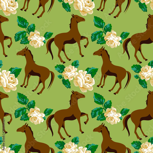 Floral seamless pattern with horse and pretty roses. Horse vector print pattern. Animal cute romantic pattern design © LilaloveDesign
