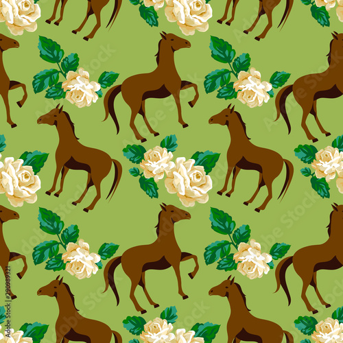 Floral seamless pattern with horse and pretty roses.  Horse vector print pattern.  Animal  cute romantic pattern design