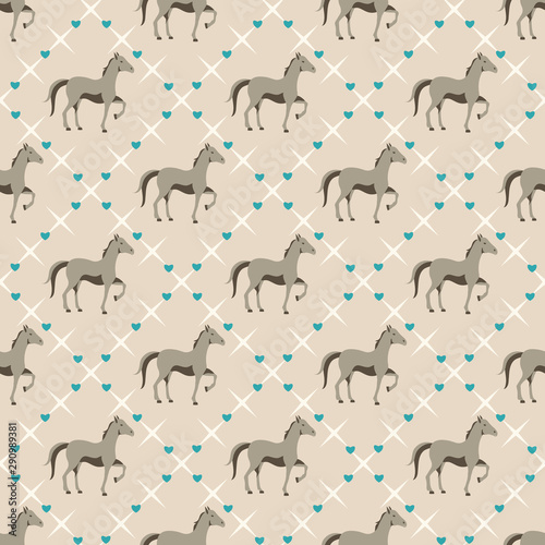 Seamless pattern with small horse and tiny hearts