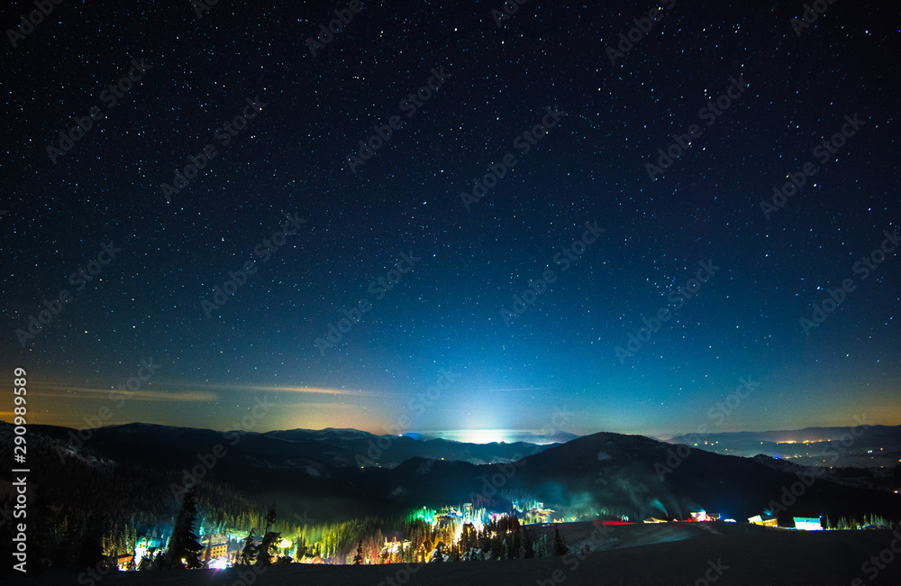 The resort ski resort illuminated at night