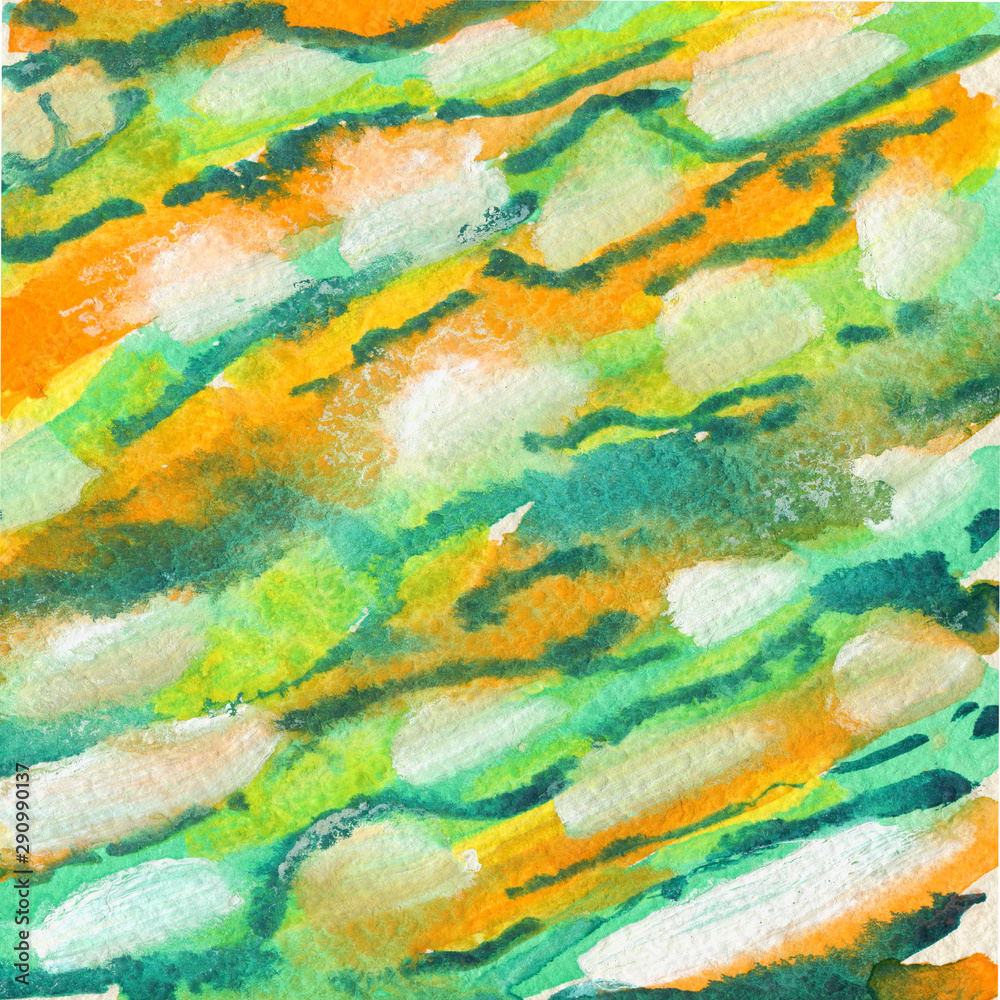 Watercolor background texture abstraction of orange and green spots painted by hand in watercolor and is perfect for all types of design