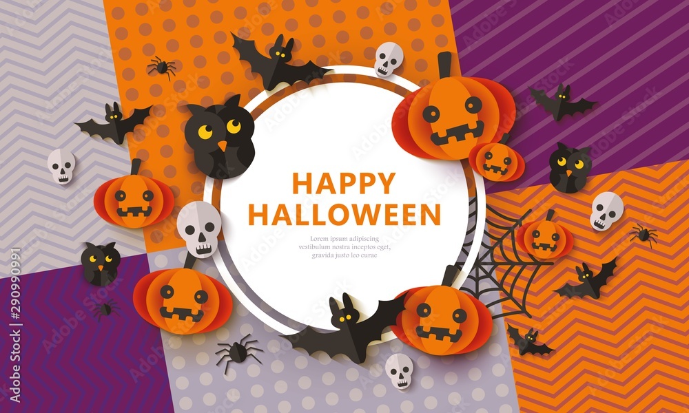 Fototapeta premium Happy Halloween - spooky banner with black animals and orange pumpkins