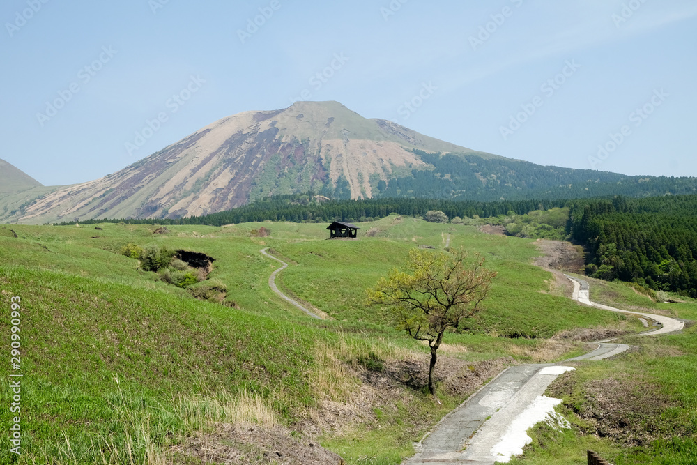 Landscape at Mount Aso (Aso-san), the largest active volcano in Japan stands in Aso Kuju National Park