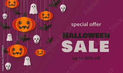 Special offer, Autumn Halloween Sale vector illustration in paper cut style. photo