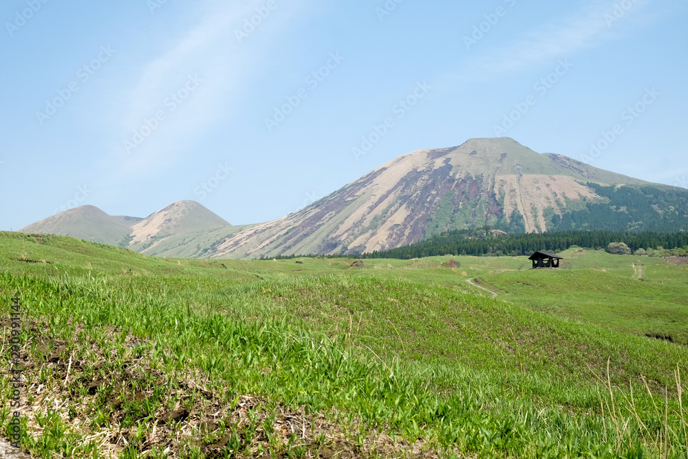 Fototapeta premium Landscape at Mount Aso (Aso-san), the largest active volcano in Japan stands in Aso Kuju National Park