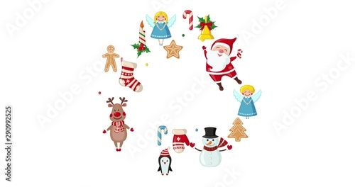 Cartoon cute New Year and Christmas card with Santa Claus, Reindeer, Snowman and Christmas elements. Animation video in flat style with Alpha channel. Greeting e-card with text.