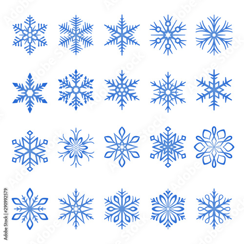 snowflake blue line icons on white background