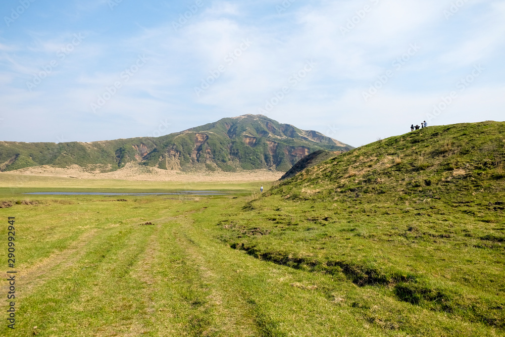 Landscape at Mount Aso (Aso-san), the largest active volcano in Japan stands in Aso Kuju National Park. Landscape at Mount Aso (Aso-san), the largest active volcano in Japan stands in Aso Kuju National Park.