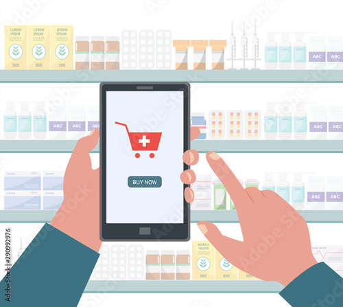 Online pharmacy app on phone screen - cartoon hand pushing Buy now button