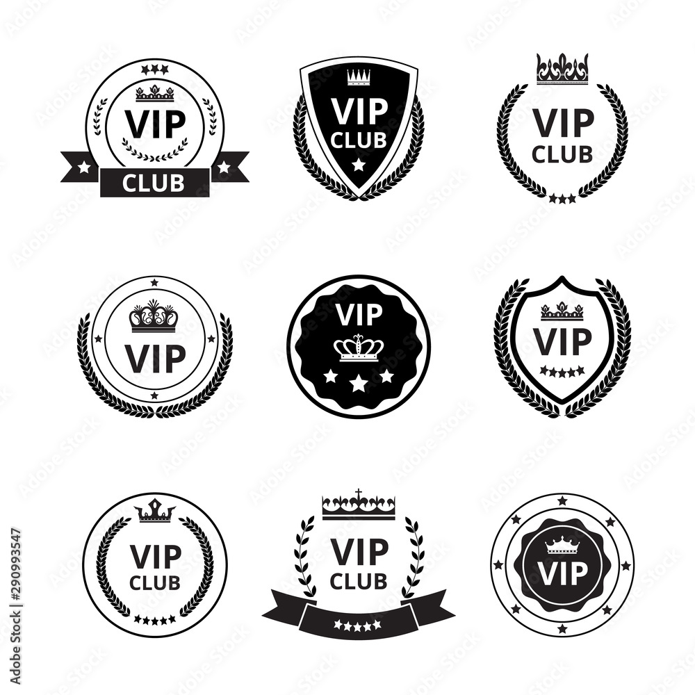Vip labels and badges with ribbon and crown set vector illustrations isolated.