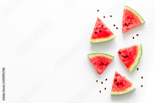 Slices of watermelon on white background top view mock up