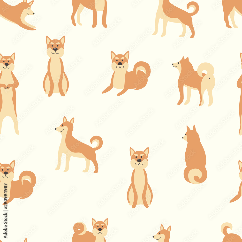 Shiba inu dog seamless pattern - cute cartoon animal in different poses.