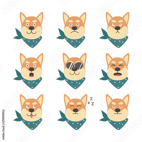 Shiba inu cute cool dog with various emotions flat vector illustration isolated. © sabelskaya