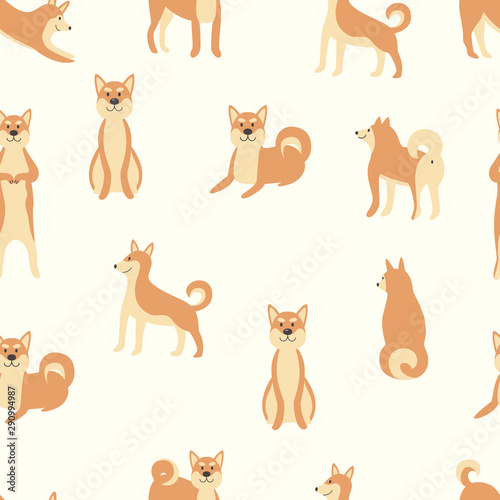 Fototapeta Naklejka Na Ścianę i Meble -  Shiba inu dog seamless pattern - cute cartoon animal in different poses.