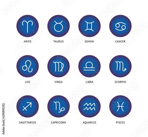 Set and collection of zodiac signs in blue circles.
