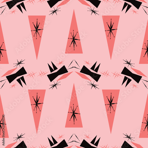 Mid century modern seamless pattern inspired from 1950's poster art. Pink background with coral and black. For textiles, graphic design, fashion, paper items, gift wrapping and home decor accents.