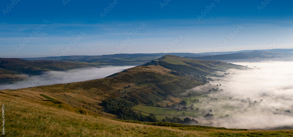 Peak District, Derbyshire, morning mist in Hope valley and Edale, seen from Mam Tor