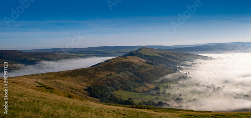 Peak District, Derbyshire, morning mist in Hope valley and Edale, seen from Mam Tor