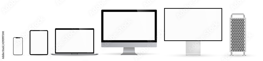 Realistic set monitors tower desktop laptop tablet and phone illustration vector illustrator Ai EPS Realistic set monitors tower desktop laptop tablet and phone illustration vector illustrator Ai EPS