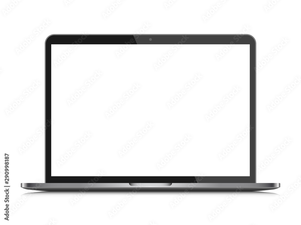 Realistic notebook with blank screen. Isolated, on white background, with reflection. The display is opened 90 degrees. Front view. Modern mobile device.
