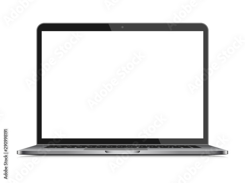 Realistic notebook with blank screen. Isolated, on white background, with reflection. The display is opened 90 degrees. Front view. Modern mobile device. Raised. You can see the keyboard and touchpad.