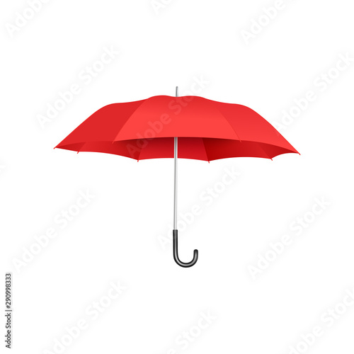 Classic open red umbrella floating isolated on white background