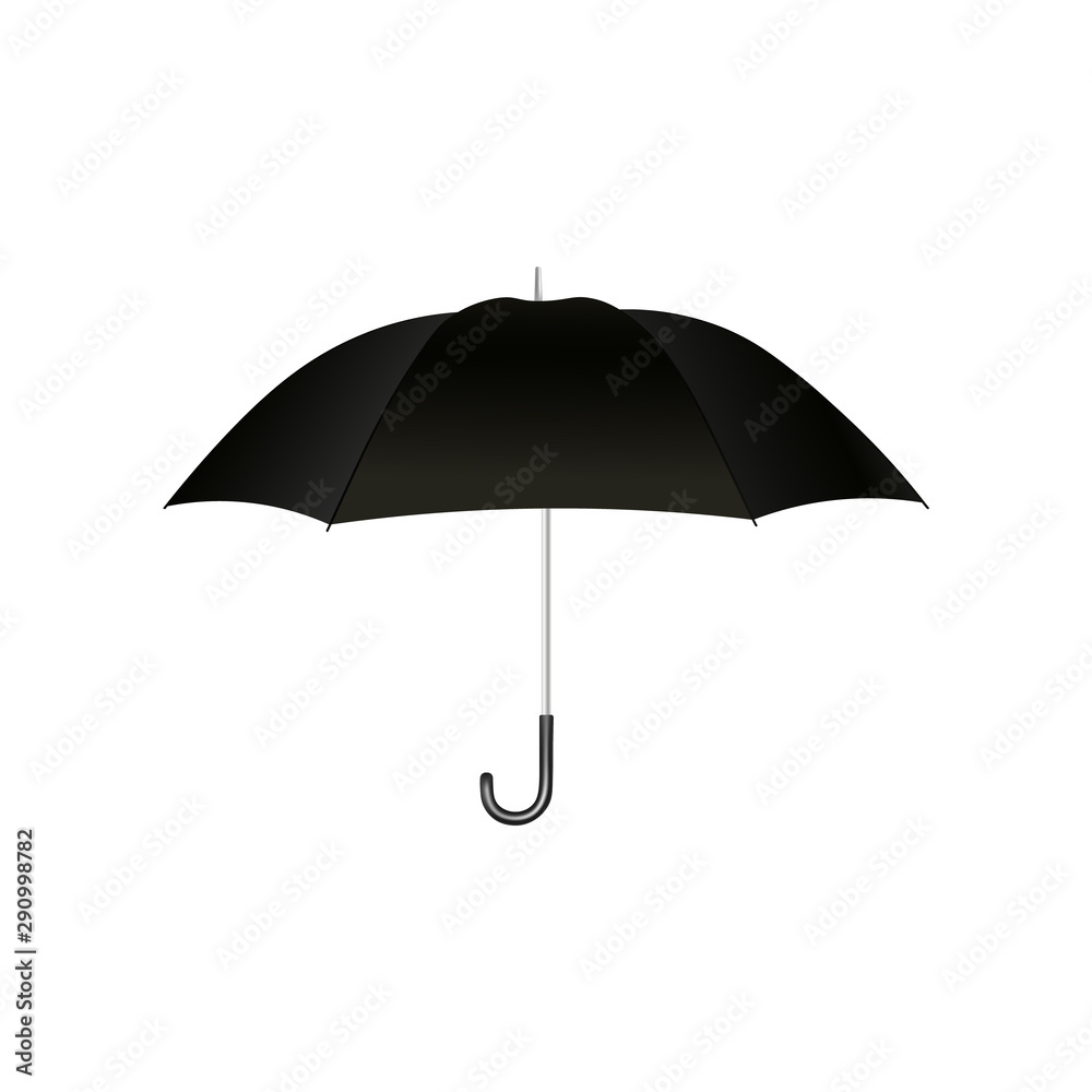 Black open umbrella with handle for protection from the rain and in bad weather.