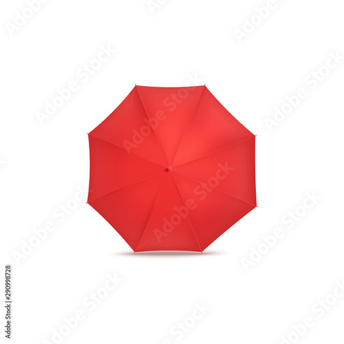 Red open umbrella or parasol for protection from the rain.