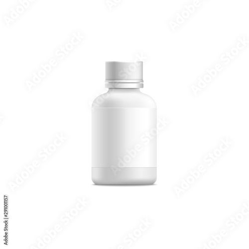 Small plastic medicine bottle mockup with screw lid and blank packaging label