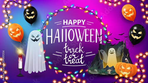 Happy Halloween, trick or treat, greeting poster with blurred background, Halloween balloons, garland, ghost and pumpkin