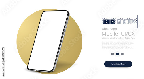Smartphone frameless blank screen, rotated position. 3d isometric illustration cell phone. Smartphone perspective view. Template for infographics or presentation UI design interface.Modern Gold circle