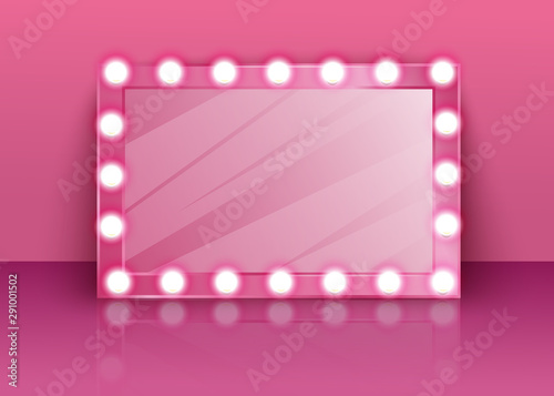 Photographie Pink glossy mirror with makeup lamps in the dressing room.